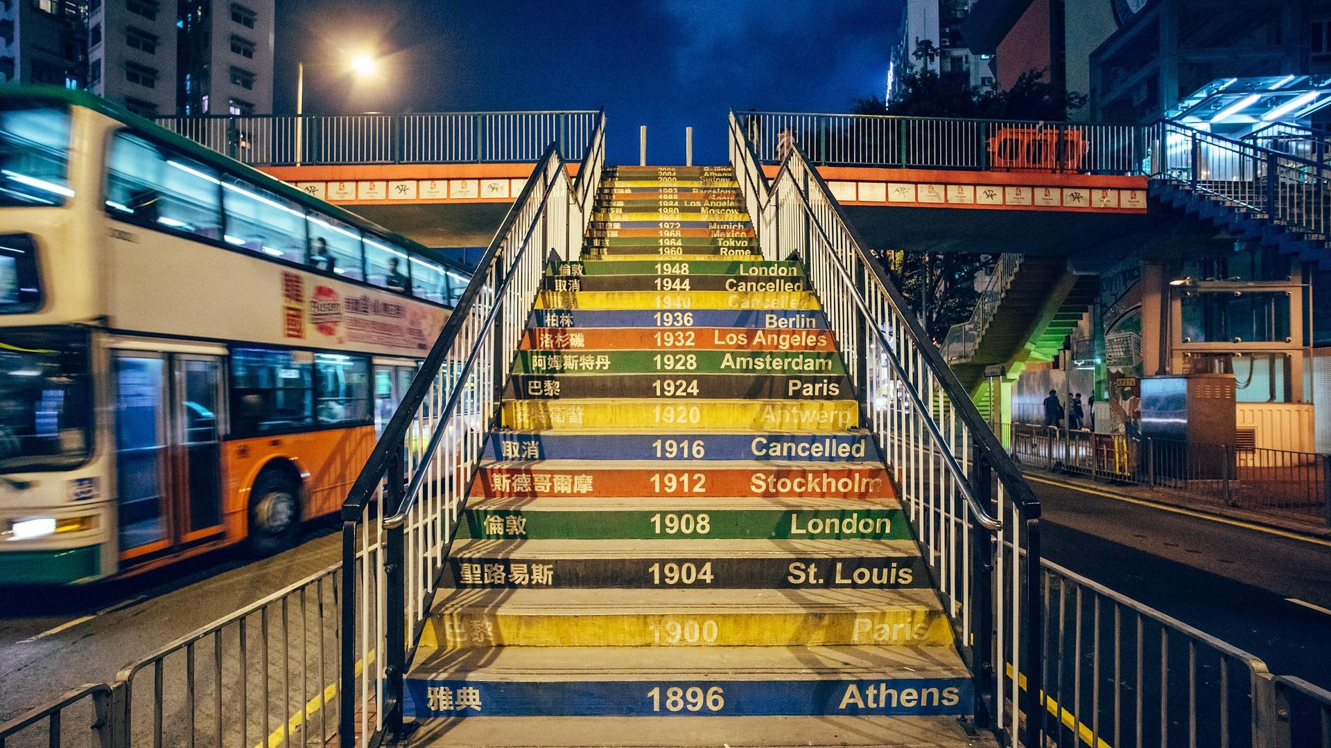 Mural of Olympic Game years painted on bridge steps in a city