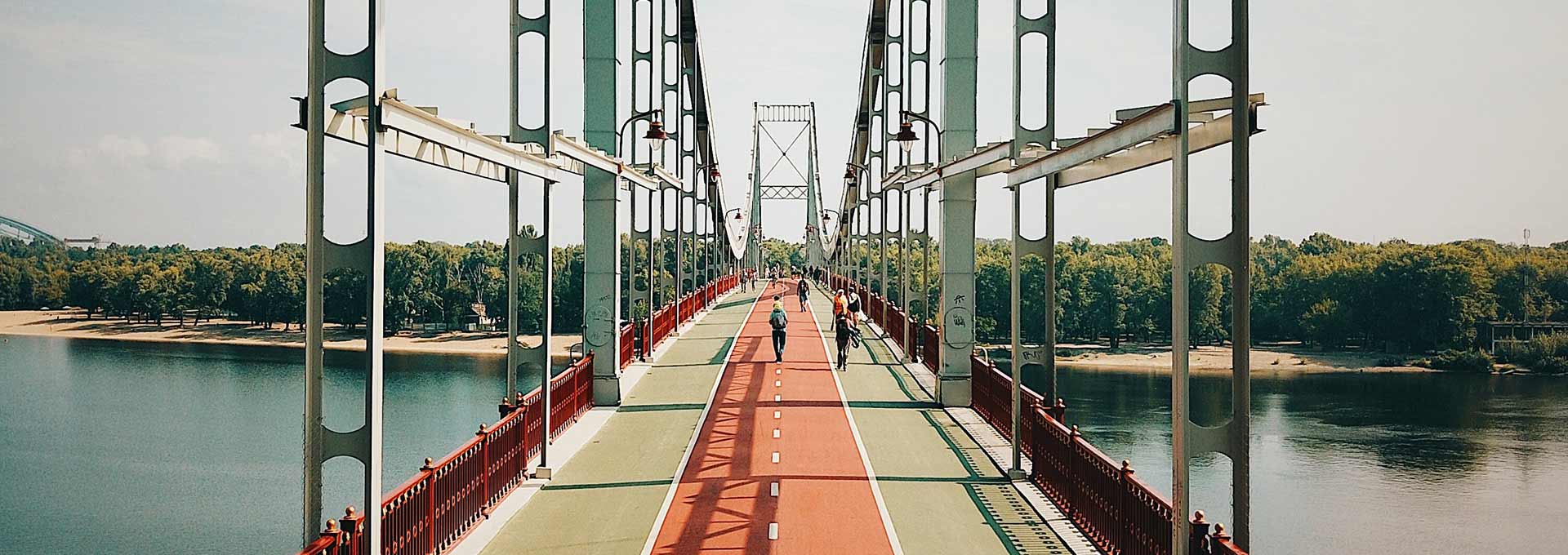 A bridge with people walking across