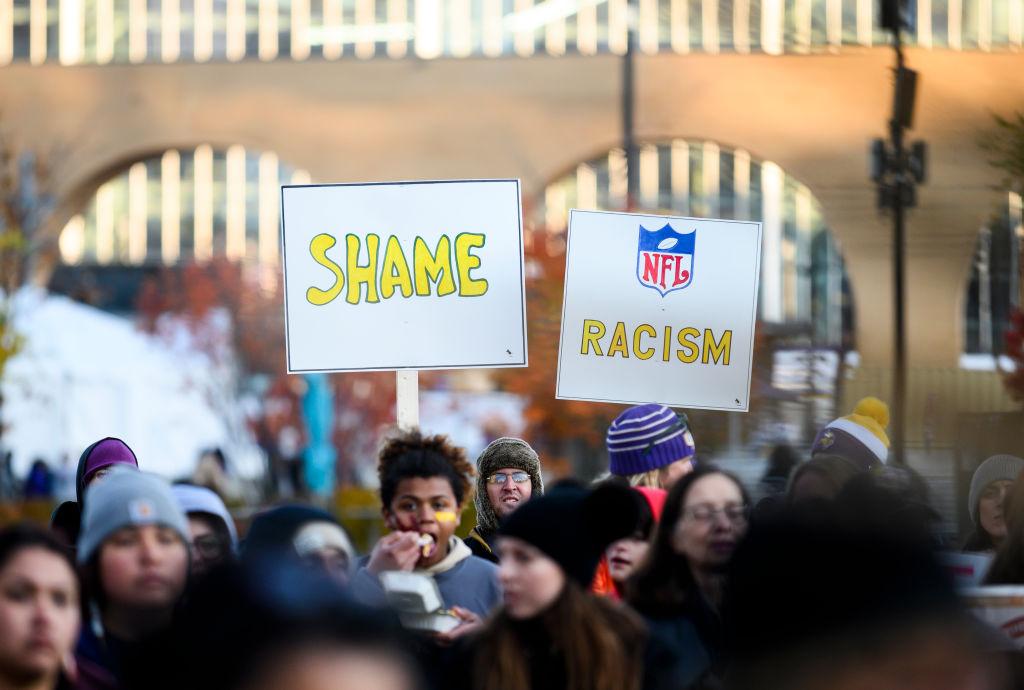Protestors rally outside U.S. Bank Stadium before the game between the Washington Redskins and Minnesota Vikings on October 24, 2019 in Minneapolis, Minnesota. A number of Native American leaders and local politicians spoke about the Washington nickname. 