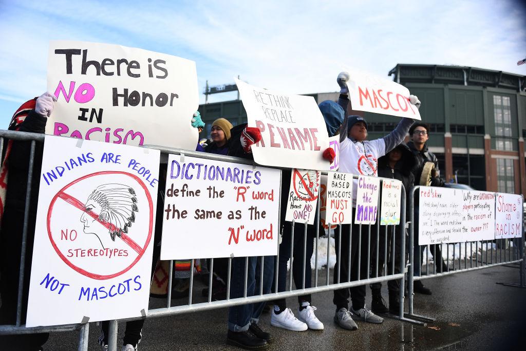 Protestors rally outside of Lambeau Field prior to the game between the Green Bay Packers and the Washington Redskins on December 08, 2019 in Green Bay, Wisconsin. (Photo by Stacy Revere/Getty Images)