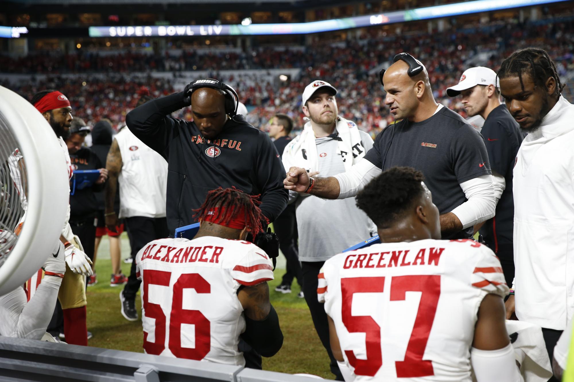MIAMI, FLORIDA - FEBRUARY 2: Inside Linebackers Coach DeMeco Ryans and Defensive Coordinator Robert Saleh of the San Francisco 49ers talk with the linebackers on the sideline during the game against the Kansas City Chiefs in Super Bowl LIV at Hard Rock St