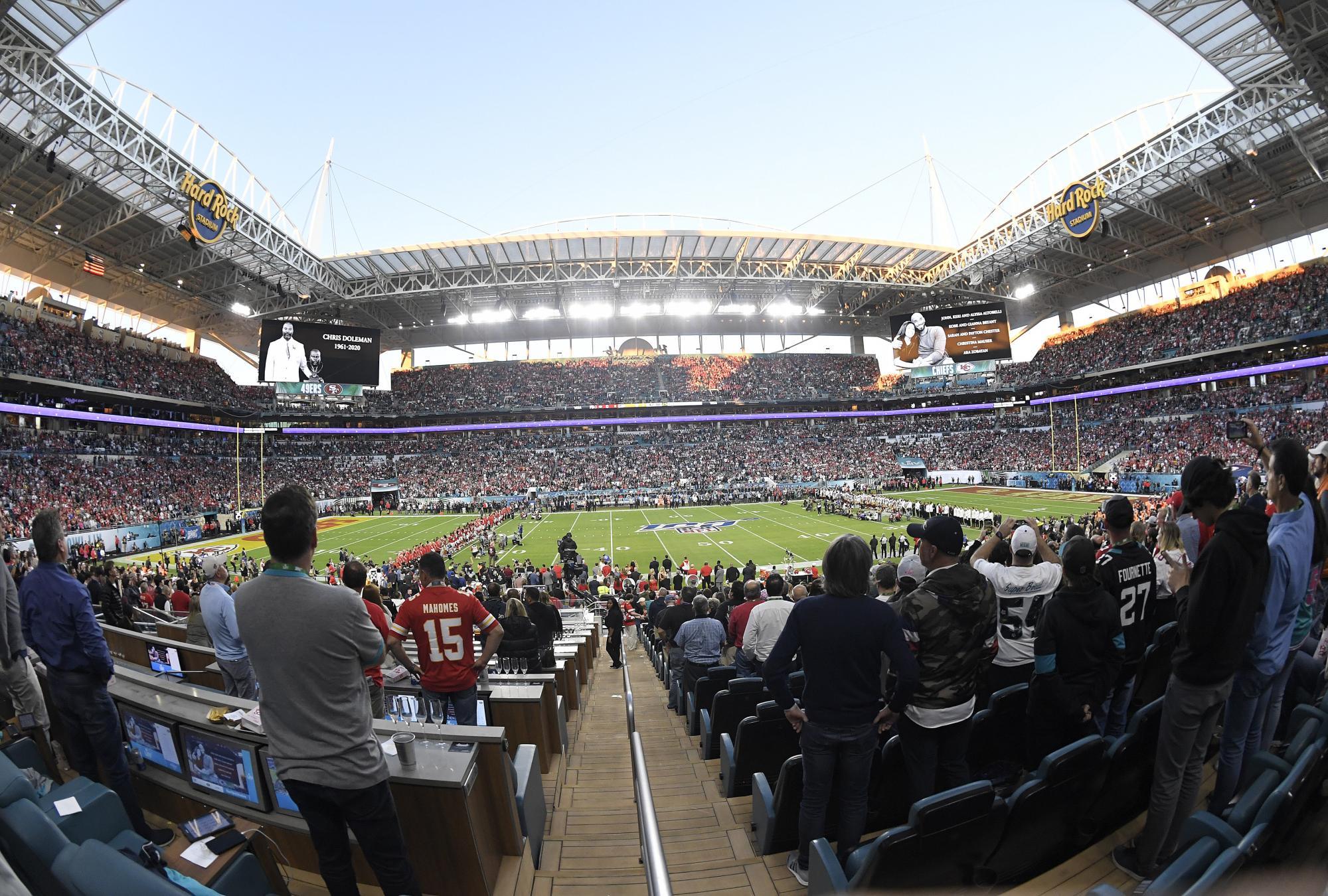 MIAMI, FLORIDA - FEBRUARY 02: A detailed overview with San Francisco 49ers and Kansas City Chiefs standing on the field prior to the start of Super Bowl LIV against the Kansas City Chiefs at Hard Rock Stadium on February 02, 2020 in Miami, Florida. The Ch