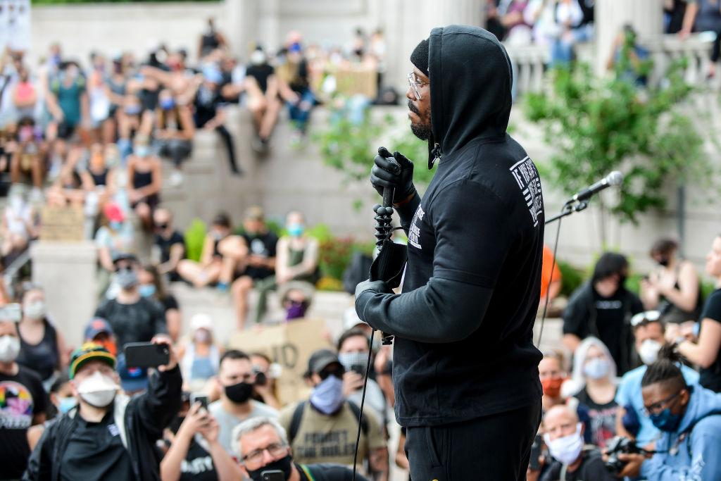  Denver Broncos linebacker Von Miller speaks to a crowd of thousands at a protest for the death of George Floyd on June 6, 2020 in Denver, Colorado. This is the 12th day of protests since George Floyd died in Minneapolis police custody on May 25. (Photo b