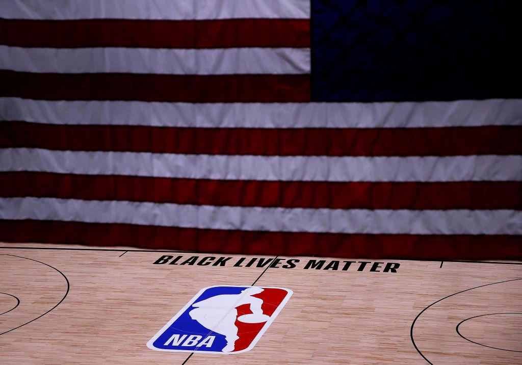 LAKE BUENA VISTA, FLORIDA - AUGUST 27: The Black Lives Matter logo is seen on an empty court as all NBA playoff games were postponed today during the 2020 NBA Playoffs at The Field House at ESPN Wide World Of Sports Complex on August 27, 2020 in Lake Buen
