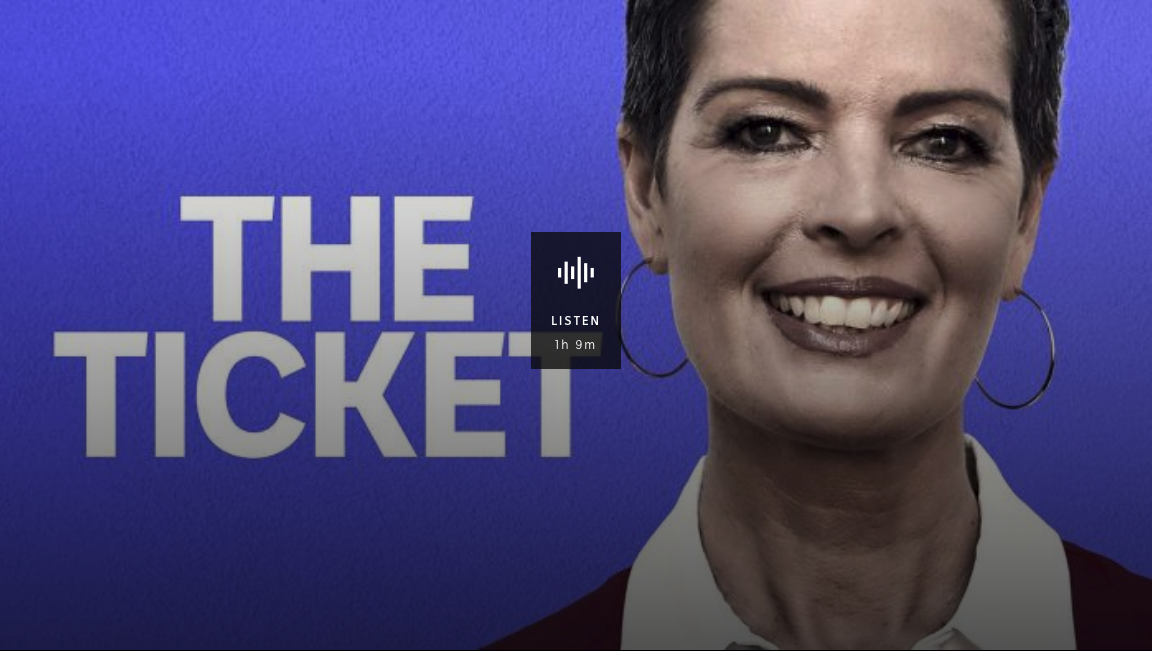 A photo of ABC News Radio host Tracey Holmes, with text over that says "The Ticket"