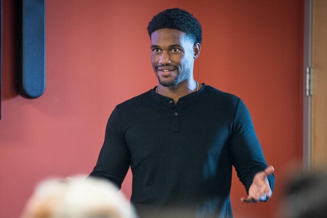 Ricky Johnson, who earned a degree in computer engineering at ASU, pitched his boxing-training invention, the Barrage sleeve, to the judges at Demo Day. He won $3,000.  Photo by Charlie Leight/ASU Now
