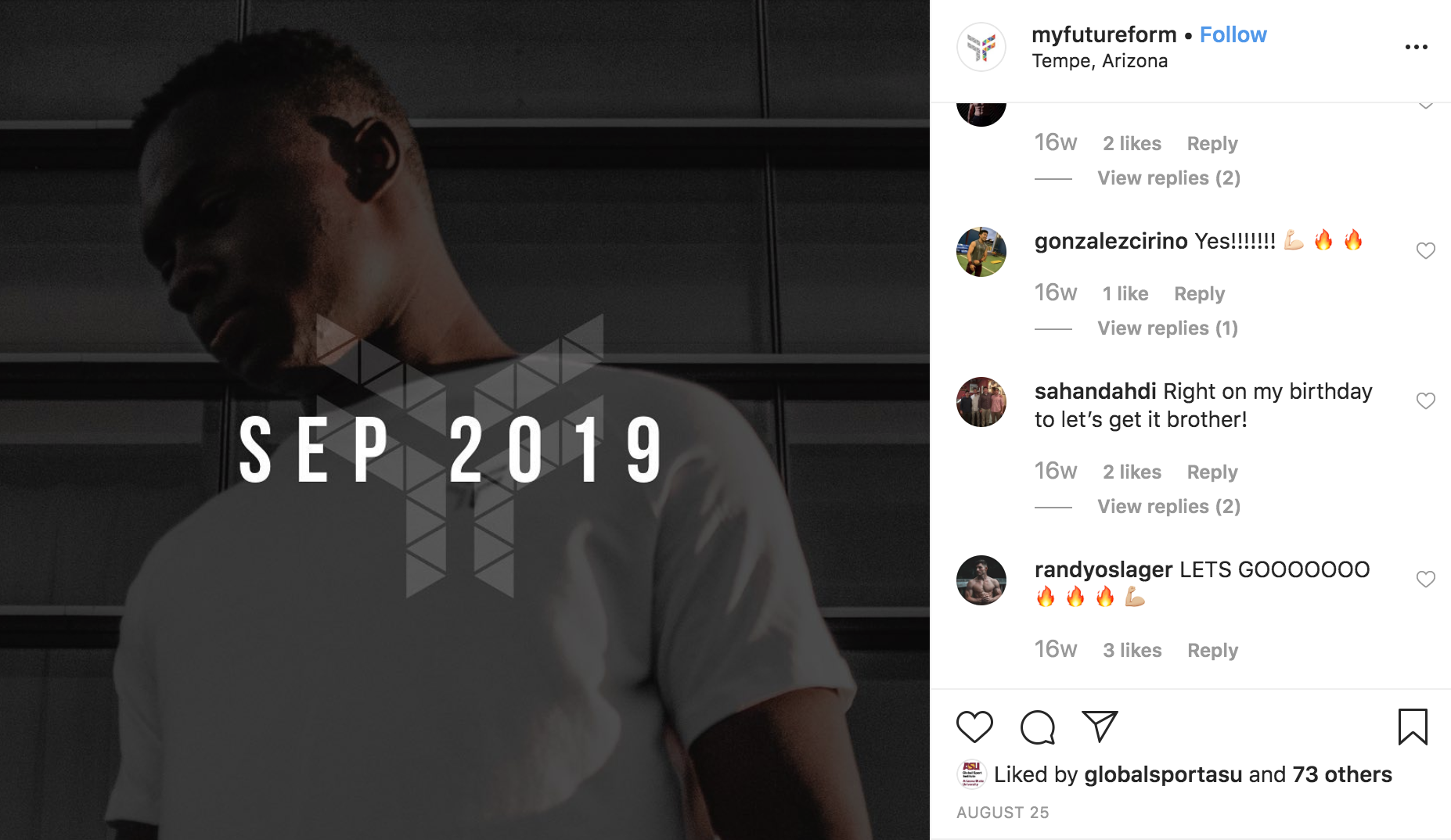 Instagram post from FutureForm that shows a male modeling the apparel in the background, in front it says "September 2019" which marked their beta launch.